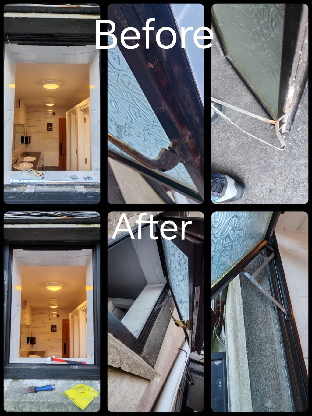 before and after - new window hinge, seal, lock and handle installed