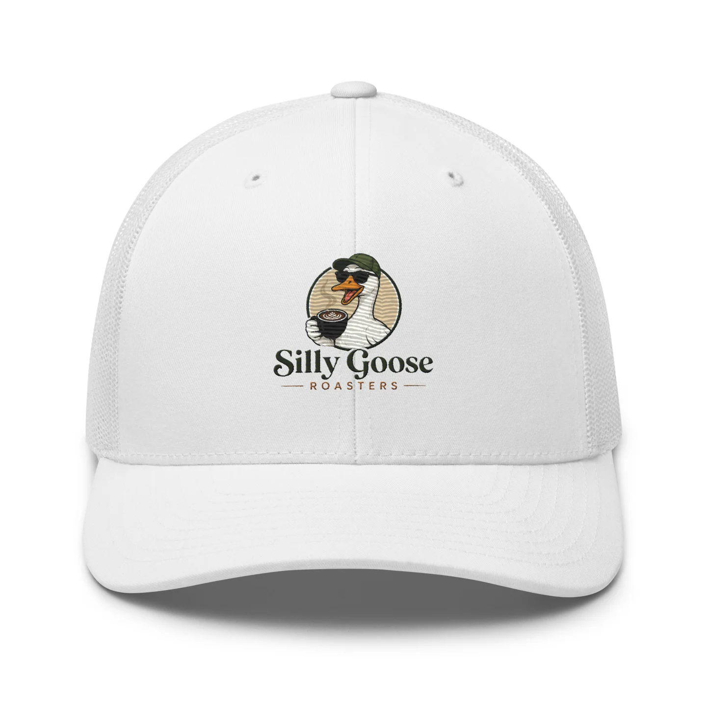 A white trucker hat with a mesh back features a logo of a cartoon goose wearing sunglasses and a hat, holding a cup of coffee. Below the goose, the text "Silly Goose ROASTERS" is printed in a dark color with a line separating the words.
