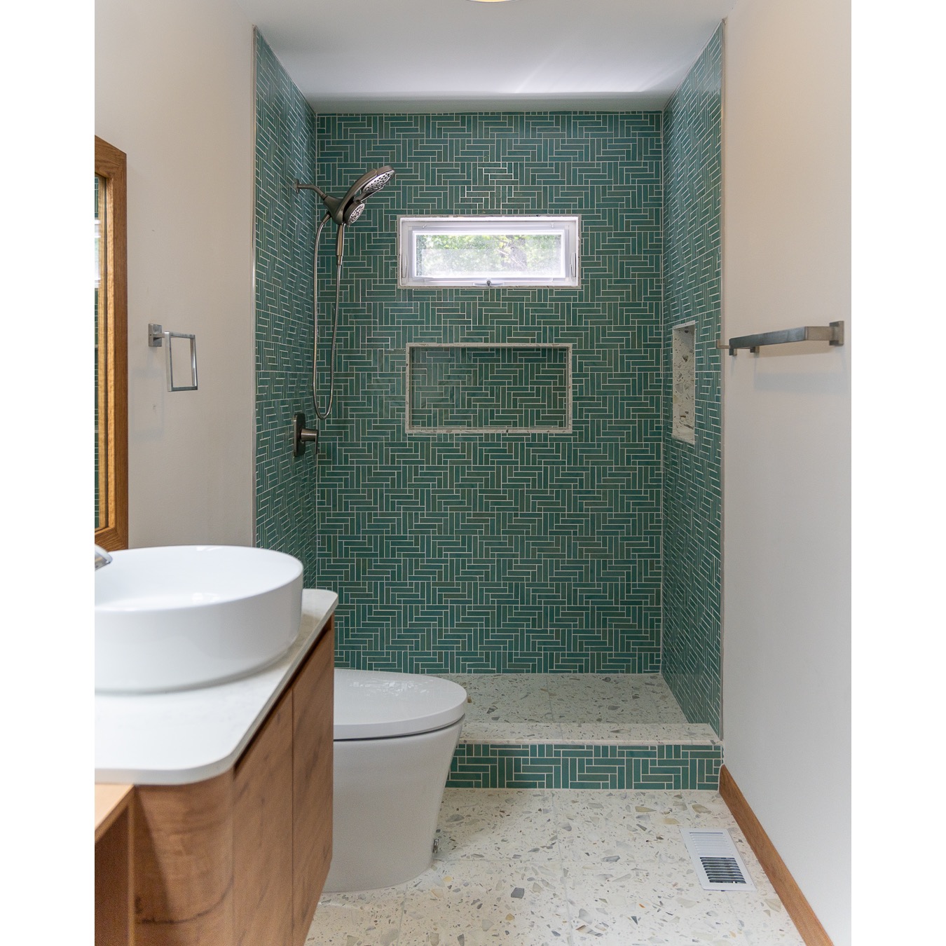 Overall Home Repair bathroom remodel with terrazzo tile, smart toilet, and free hanging oak sinks in 
