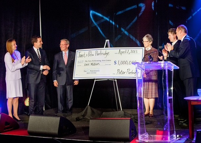 Peter Partridge and his family presenting a $1,000,000 cheque to the FirstOntario Performing Arts Centre.