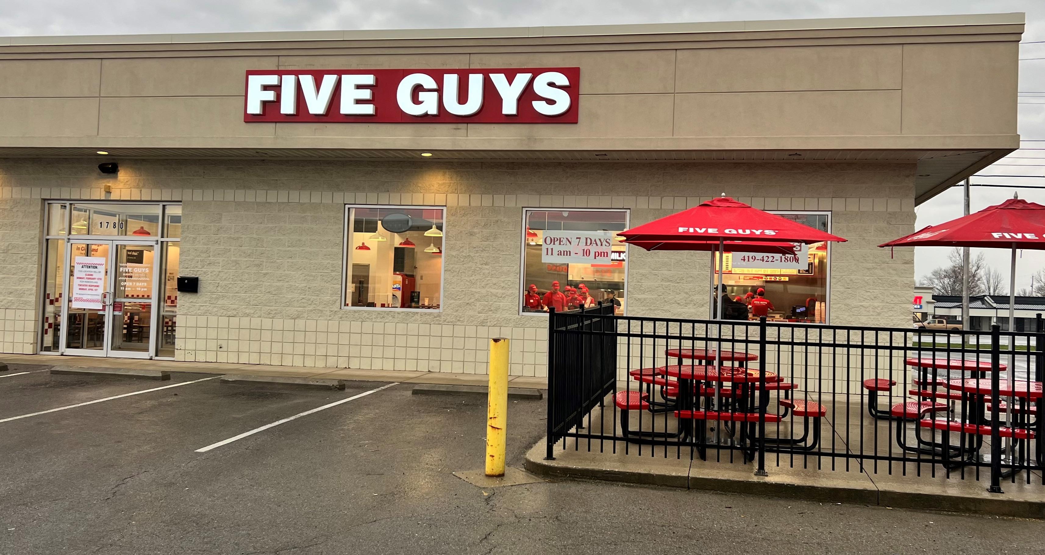 Exterior photograph of the Five Guys restaurant at 1780 Tiffin Avenue in Findlay, Ohio.