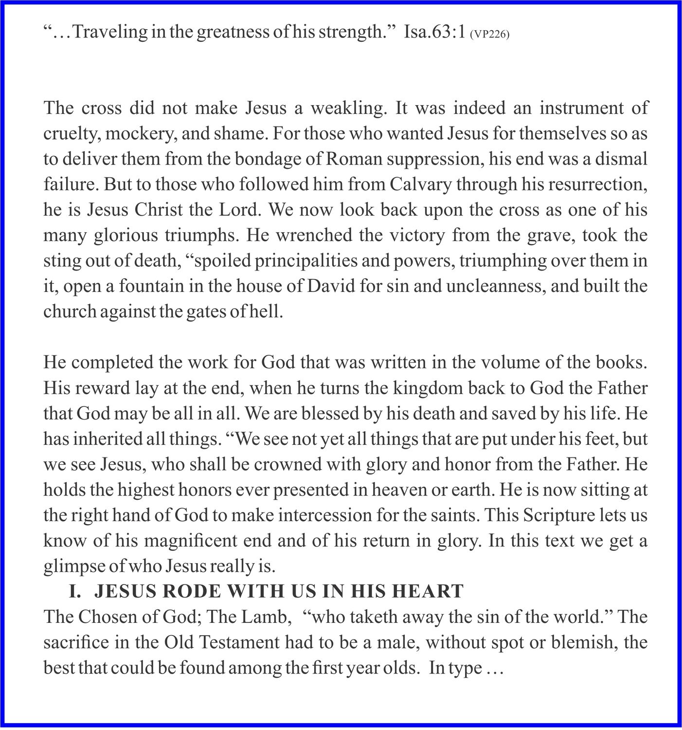 A page of text with a blue border, featuring religious content about Jesus Christ. The text is divided into paragraphs, with a section heading and a quote.