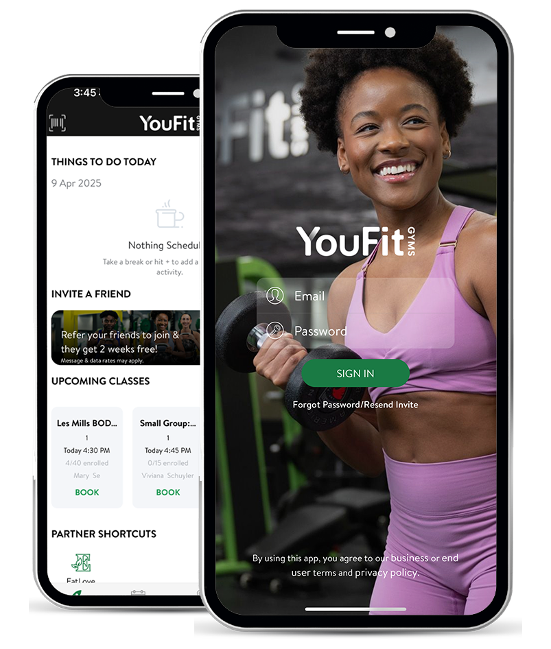 The YouFit mobile app interface showcases fitness screens: the right side features a woman in workout gear holding a dumbbell and login fields, while the left screen lists tasks, class schedules, and partner shortcuts. A sleek footer enhances navigation throughout the app.