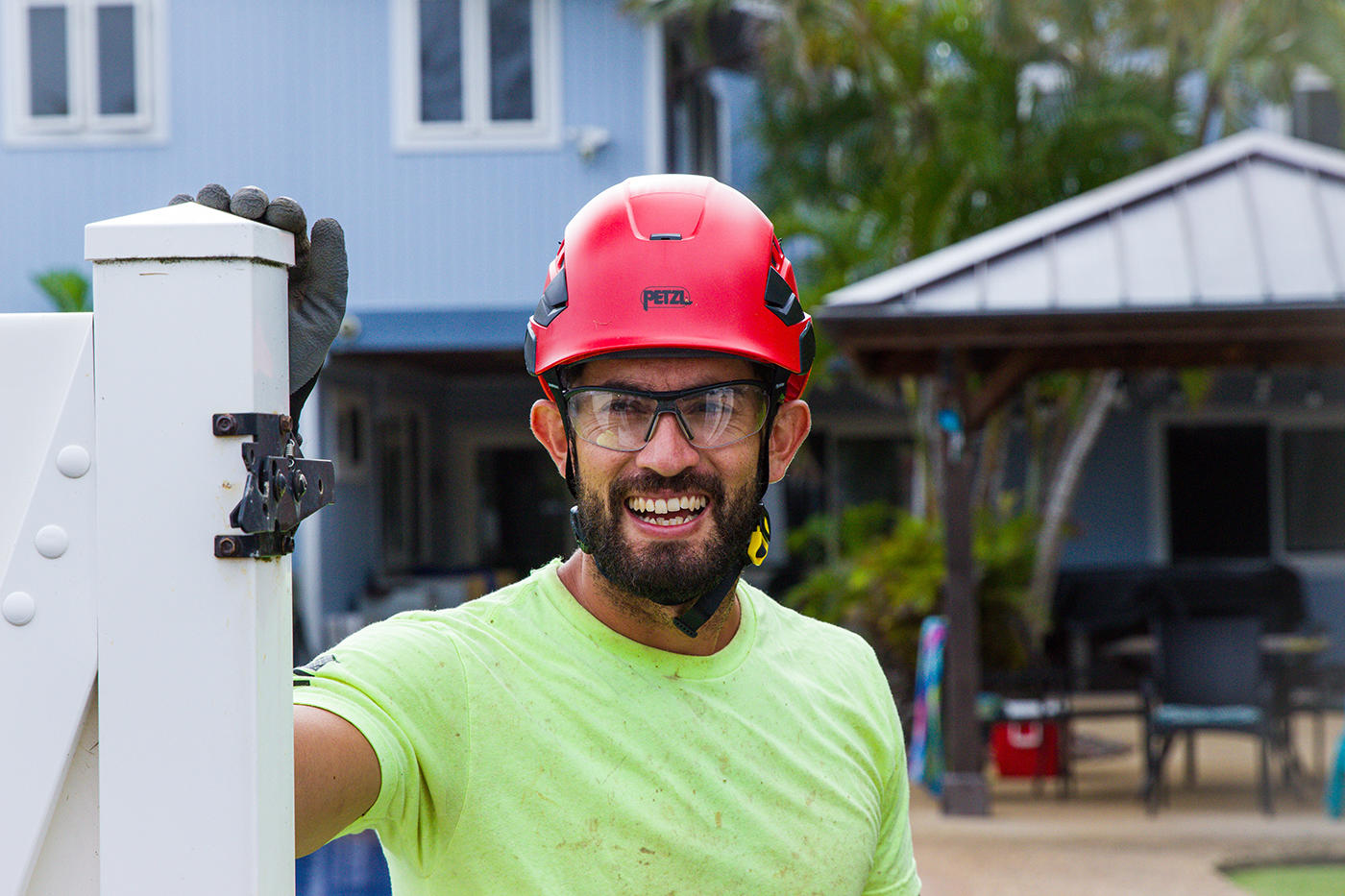 Surrounded by tropical foliage, a tree service worker in Oahu, Hawaii, safely climbs a tree to perform maintenance and ensure its vitality.