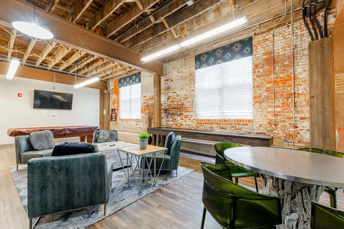 Community room with tables and kitchenette