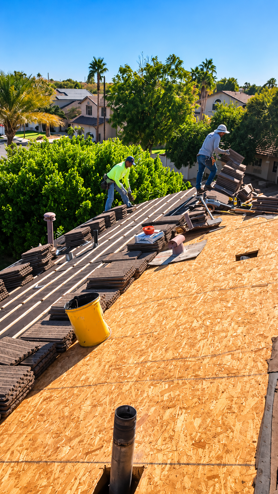 Apex AZ Roofing crew working on a residential tile roof project in Arizona with roofing underlayment 