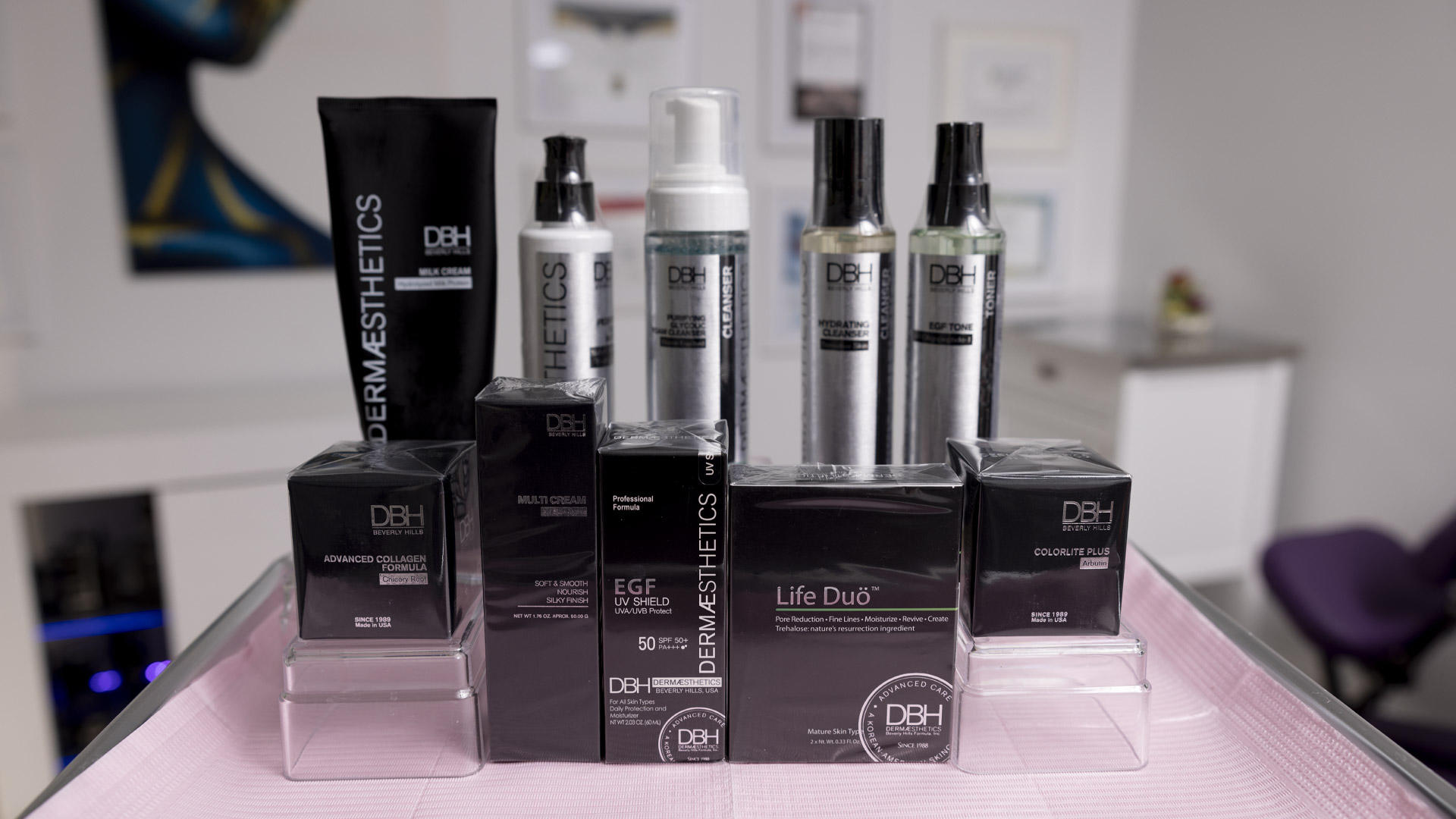 Dermaesthetics products used for Elmira Studio services in Westlake Village.