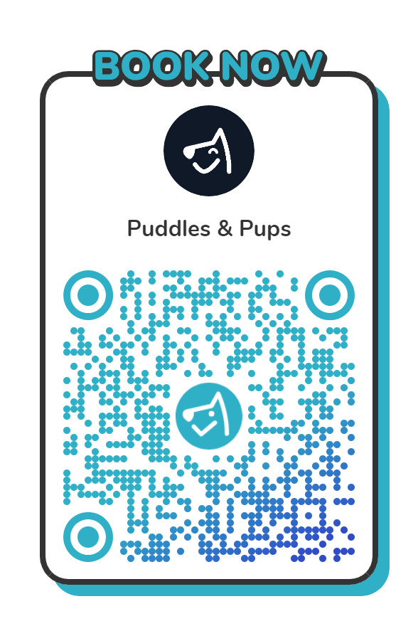 A QR code with the text "BOOK NOW" above it and a logo for "Puddles & Pups" is displayed. The QR code itself is made up of blue and teal dots. The "Puddles & Pups" logo features a white outline of a dog's head with one ear up and one ear down, set against a dark navy circle. The QR code also has a smaller version of this logo in the center. Three concentric circles are visible, one at the top left, one at the top right, and one at the bottom left of the QR code. The overall design is modern and clean, with a rounded white background outlined in teal.