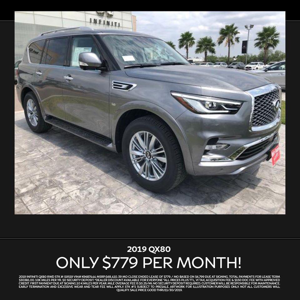 Lease a 2019 INFINITI QX80 for $799 per month! Call Bert Ogden INFINITI in Edinburg for details. (956) 797-7742. Dale Gas!!!