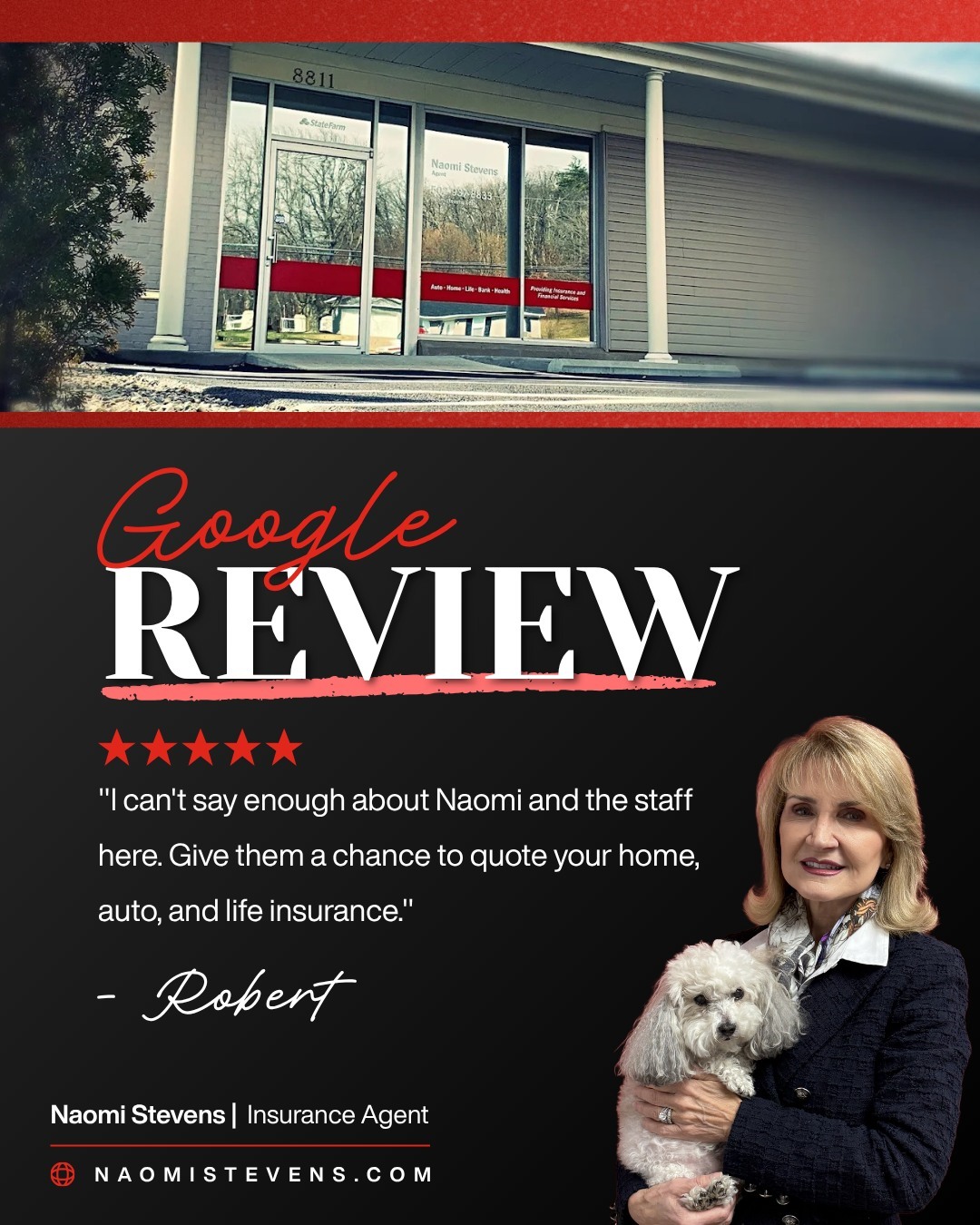 Five stars and kind words like this mean everything to our team. Thank you Robert for sharing your experience with Naomi Stevens Insurance. We are here to help with your home, auto, and life questions. Reach out anytime for a quote or review.