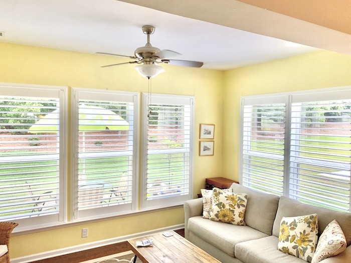 Let the light in throughout this summer with our gorgeous shutters!  We absolutely love the way these shutters illuminate this vibrant local living room, while adding a timeless touch to the space. Choose from our various louver styles and colors to elevate any space in your home with our customizab