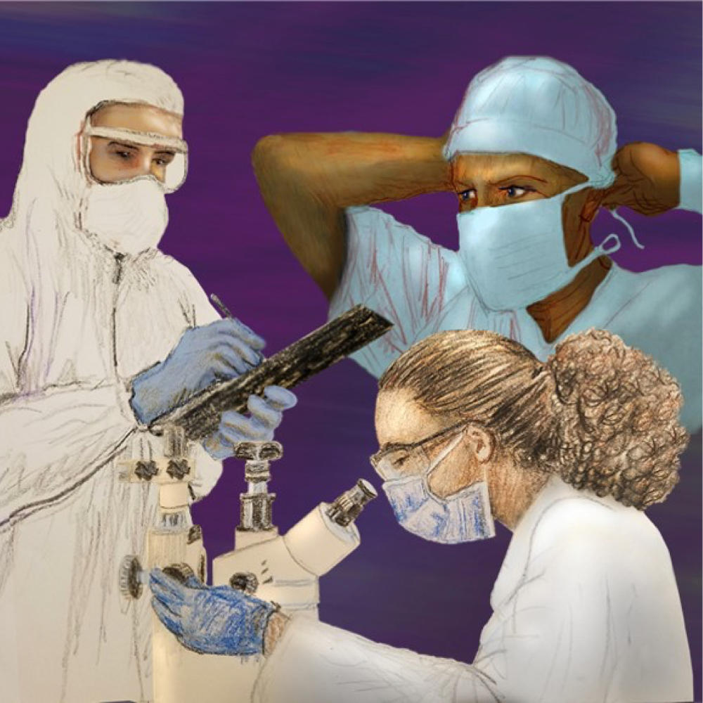 Ein illustriertes Bild verschiedener Mitarbeiter des Christus Health System. Eine Krankenschwester bindet seine OP-Maske, ein Arzt schaut durch ein Mikroskop und ein Arzt in voller PSA macht sich Notizen auf einem Klemmbrett.
