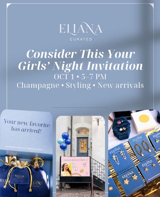 Eliana Curated event invitation for a Girls' Night on October 1 from 5 to 7 PM featuring champagne, styling sessions, and new jewelry arrivals.