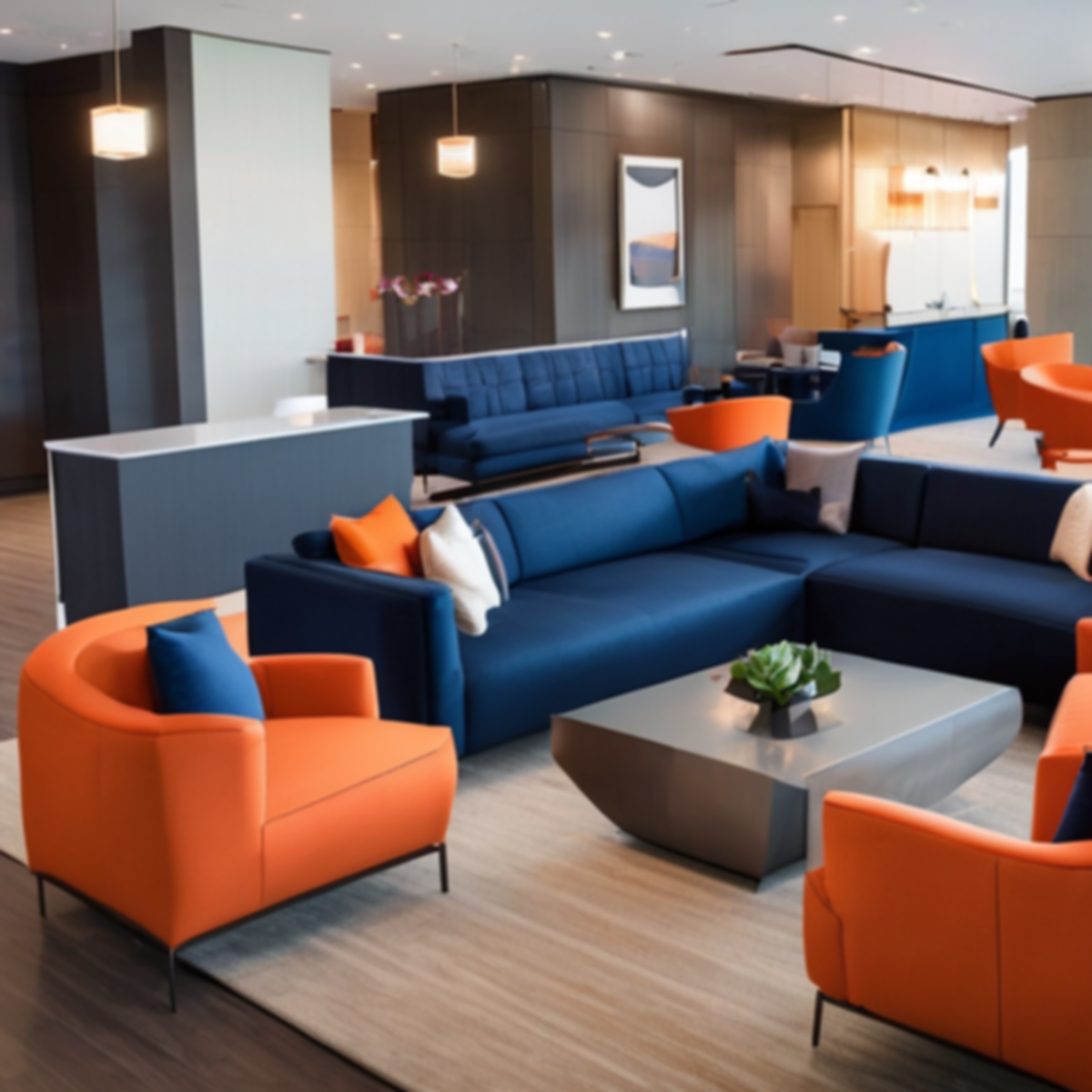 A modern lounge area with plush blue sectional sofas and vibrant orange armchairs arranged around a minimalist coffee table. The space is elegantly lit by pendant lights and features a reception desk in the background.
