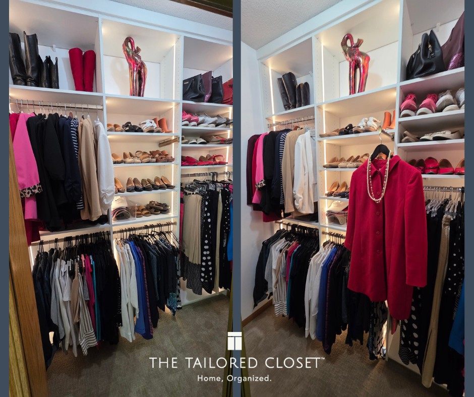 Custom closet, LED lights, valet rod, shoe storage.