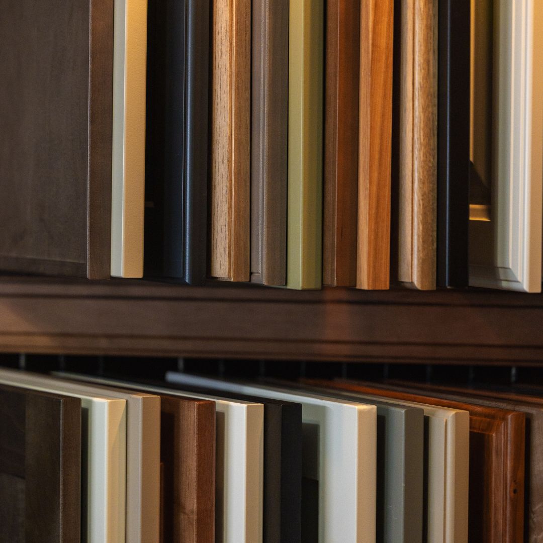 Variety of cabinet door styles and finishes displayed in the Fiderio design showroom.