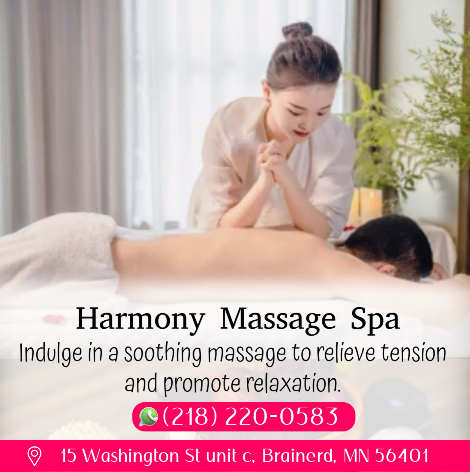 Massage techniques are commonly applied with hands, fingers, 
elbows, knees, forearms, feet, or a device. 
The purpose of massage is generally for the treatment of 
body stress or pain.
