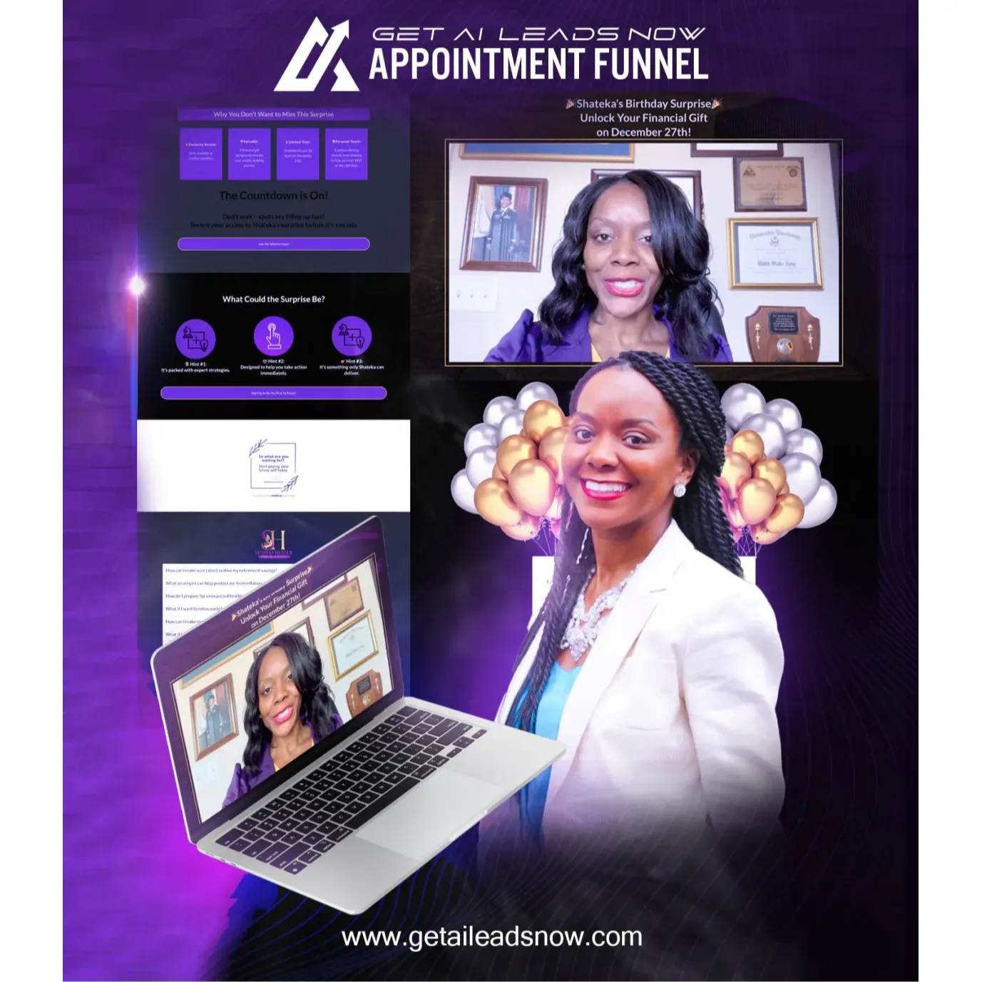 Shateka Husser Appointment Funnel:
Designed for financial educators and brand influencers, this celebratory appointment funnel delivers a seamless user experience to capture RSVP details, drive curiosity, and convert interest into meaningful bookings. AI integrations ensure follow-ups and reminders are handled automatically.