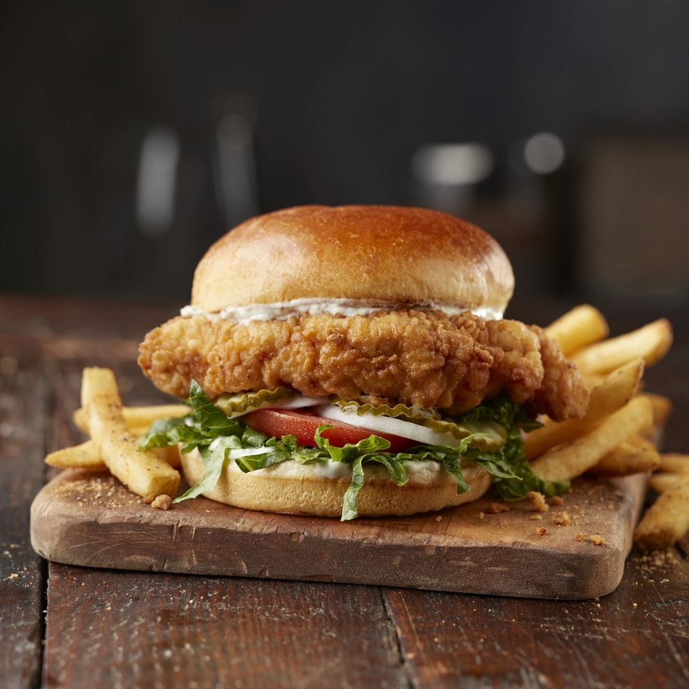 6oz. hand-breaded fried chicken breast with lettuce, onion, tomato, pickles, and housemade ranch for just $7.99.