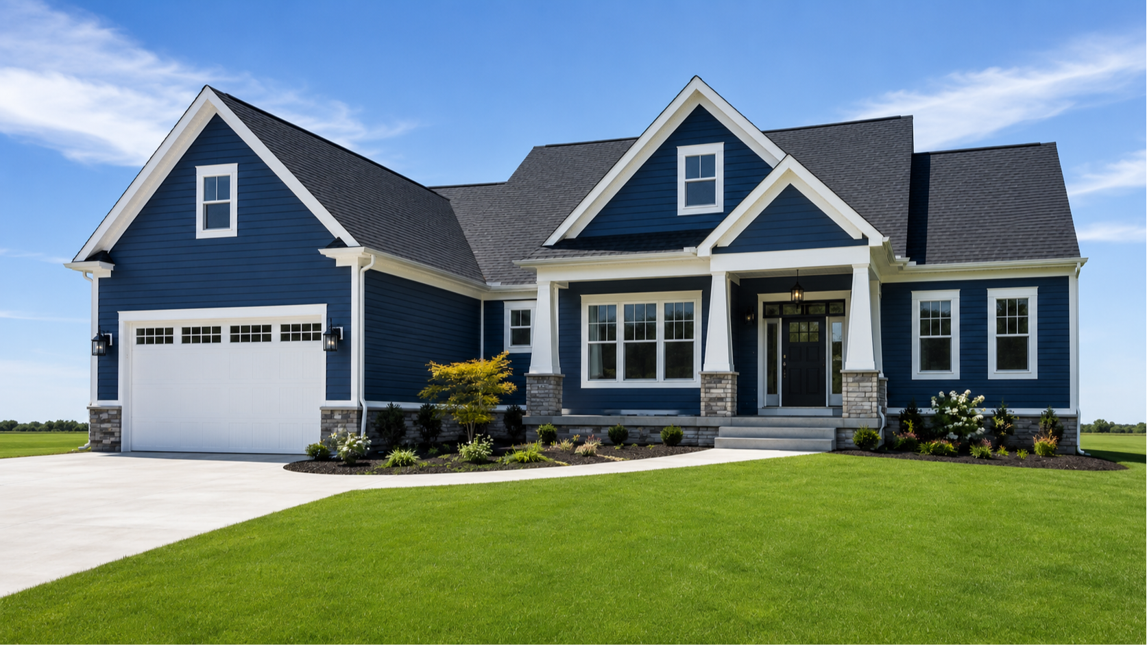 Residential exterior featuring a bold blue finish with crisp white trim and clean architectural details. This image represents Crest & Crown LLC’s exterior painting services designed to refresh and enhance a home’s curb appeal.