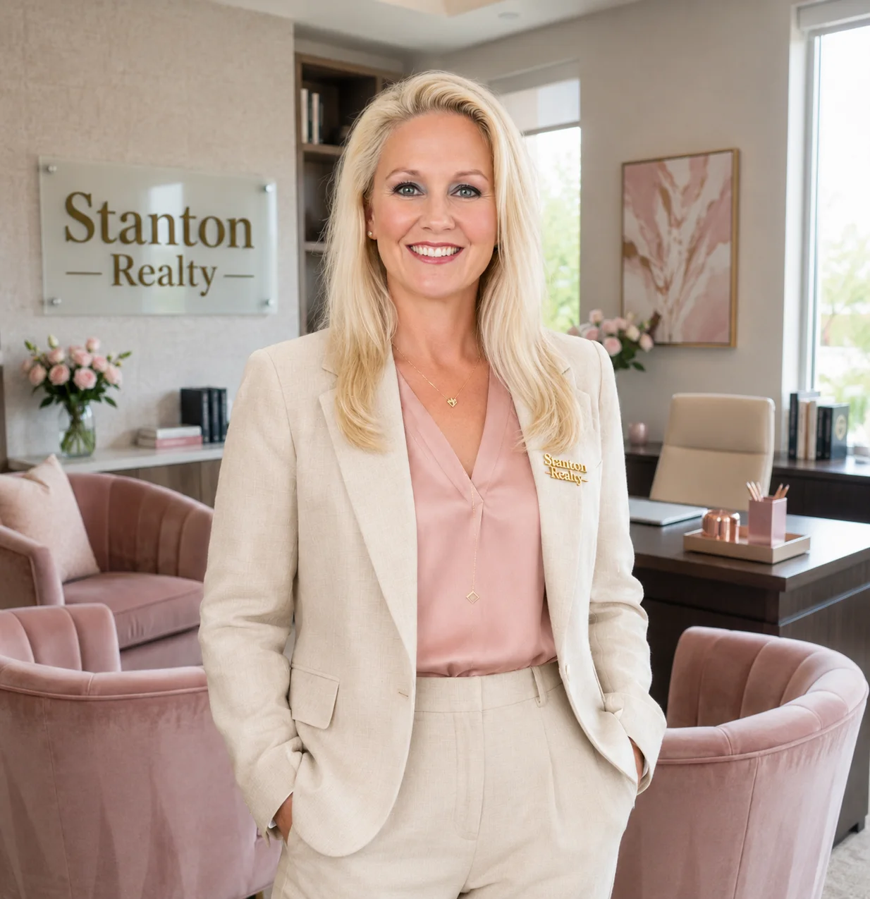 A blonde woman in a beige suit smiles at the camera in a modern office. She is wearing a pink blouse and a necklace. Behind her is a desk with a chair and artwork on the wall. There are also two pink chairs and a sign that says 'Stanton Realty'.
