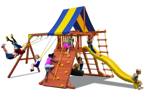 Classic Playcenter -Your child’s imagination will soar on this Classic Playcenter.  Includes Rock Wall, Step/Rung Ladder, 10′ Wave Slide, 3 Position Swing Beam, Vinyl Roof, Climbing Ladder, and Accessory Arm with Trapeze Bar.  This unique A-frame design allows for flexibility in unlevel yards.  All these features will keep your kids active for hours and hours of fun!