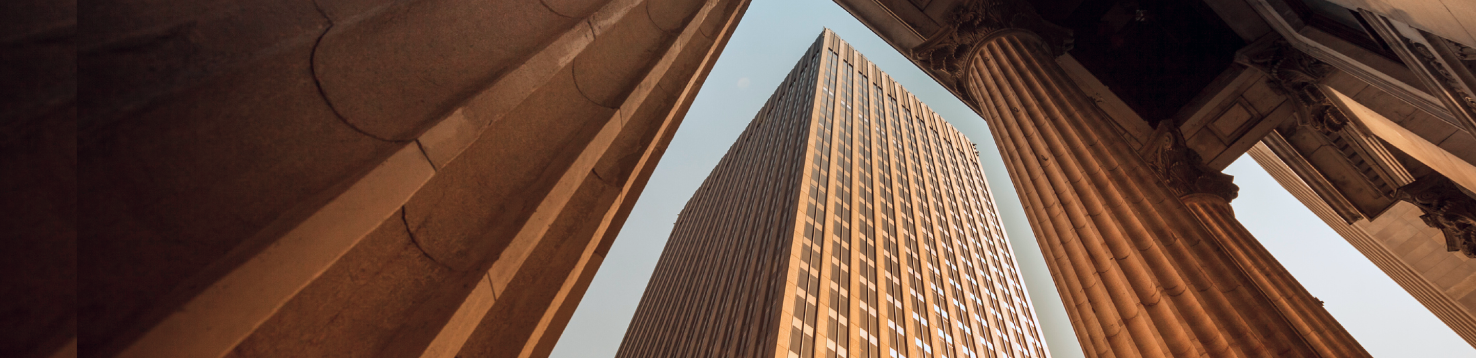 Bottom-up view of a skyscraper and classical columns.