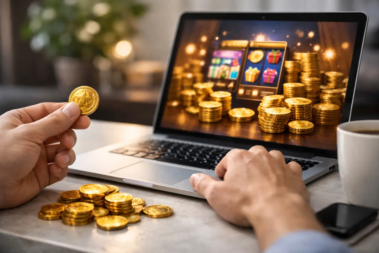 A person's hands are shown in a close-up shot, interacting with a laptop displaying a slot machine game. One hand holds a gold coin with a star emblem, while the other hand rests on the laptop's touchpad. Stacks of gold coins are scattered on the table in front of the laptop, and a white mug of coffee and a smartphone are visible to the right. The laptop screen shows a vibrant online slot game with icons of gifts, fruits, and coins, along with a background filled with stacks of gold coins and glowing lights, suggesting a theme of winning and riches.