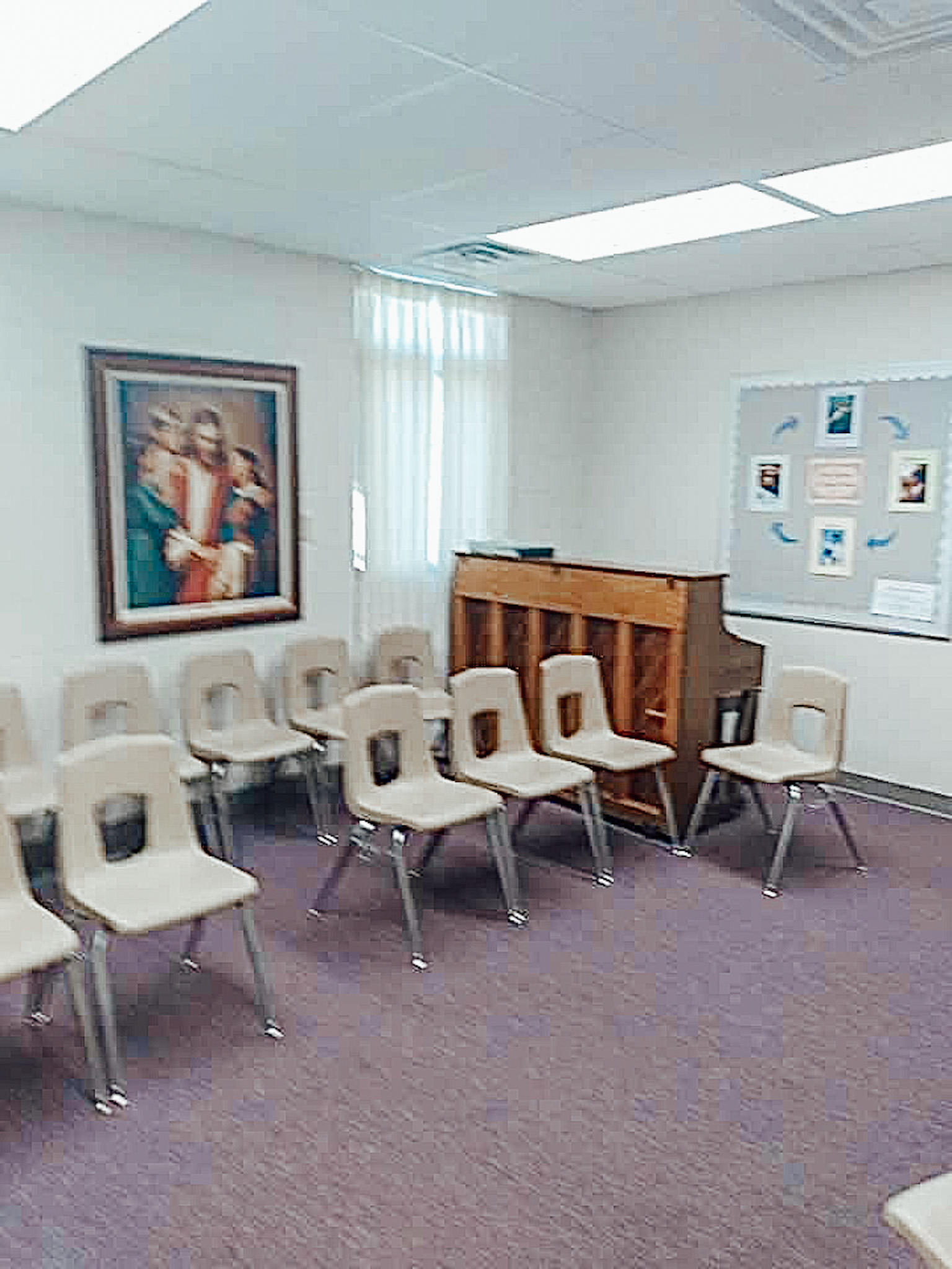 A Sunday school classroom inside the Holdrege building of The Church of Jesus Christ of Latter-Day Saints.