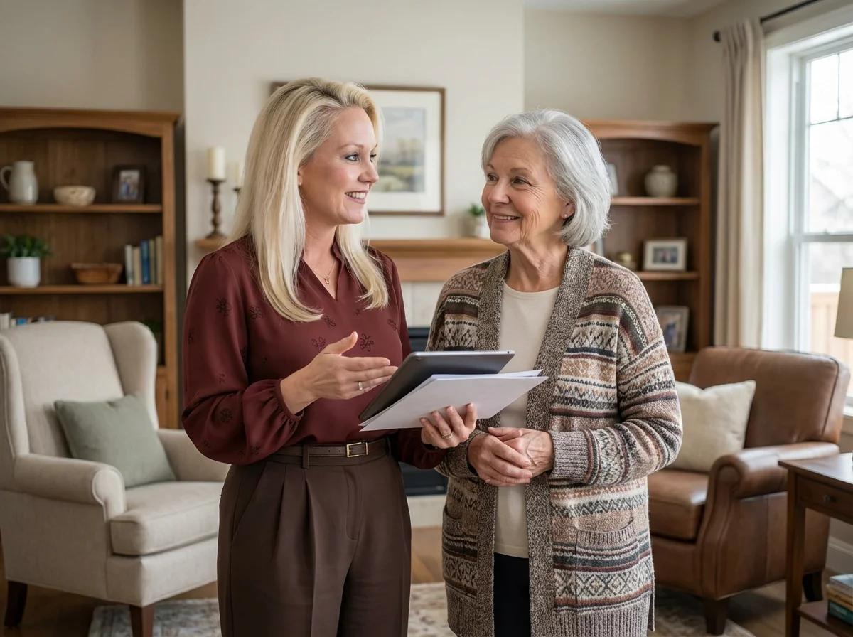 A blonde woman in a maroon blouse and brown pants gestures while holding a tablet and folder, speaking to an older woman with gray hair in a patterned cardigan. They are in a well-decorated living room with bookshelves and armchairs.