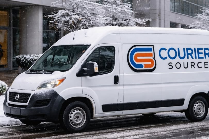 A branded Courier Source delivery van parked outside a commercial facility during winter conditions in Minnesota. Demonstrating year-round, reliable same-day courier and freight transport across the Twin Cities metro area, no matter the weather.