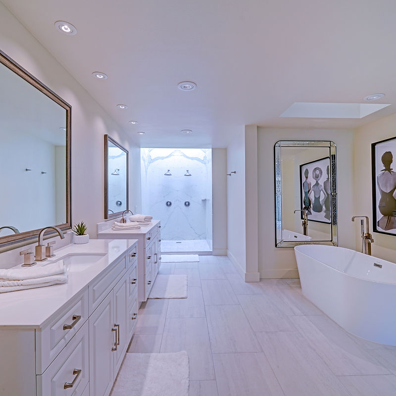 A spacious and modern bathroom features a double vanity, a large walk-in shower with multiple shower heads, and a freestanding bathtub. The room is well-lit by recessed lighting and a skylight, and decorated with minimalist artwork and a small potted plant.