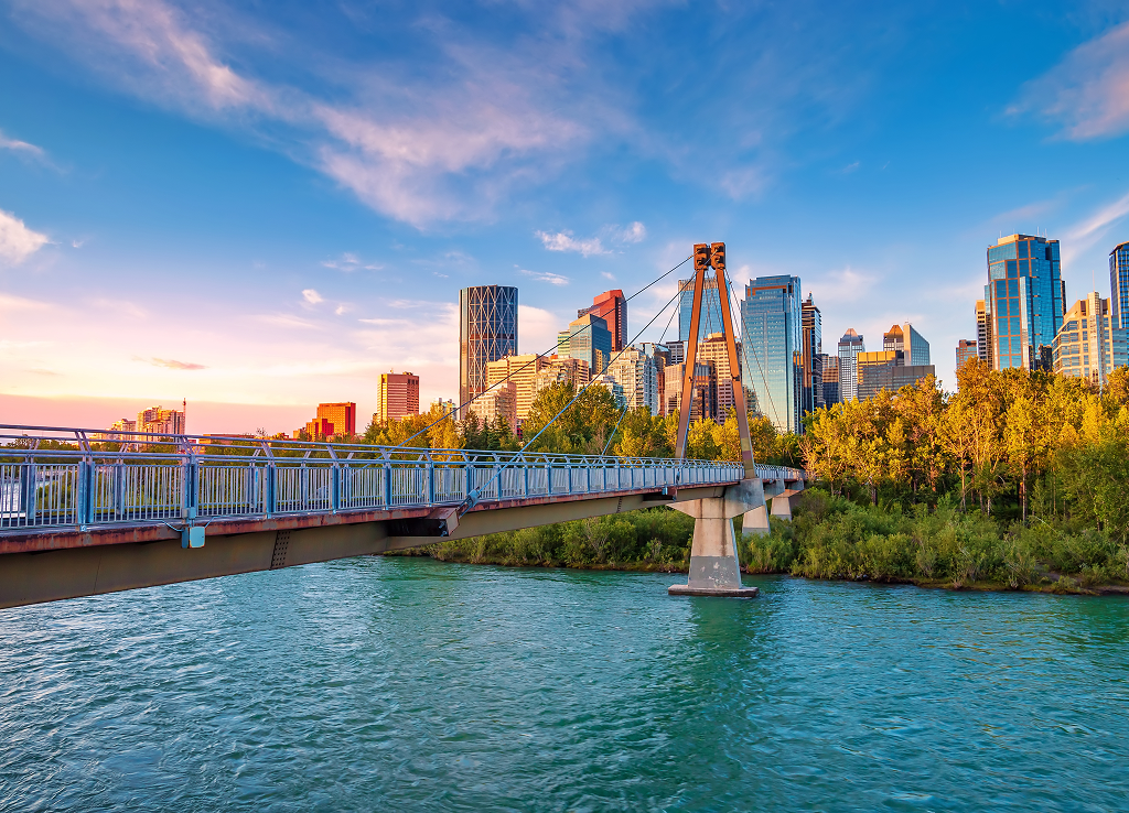 Scenic bridge over water with a city skyline in the background.