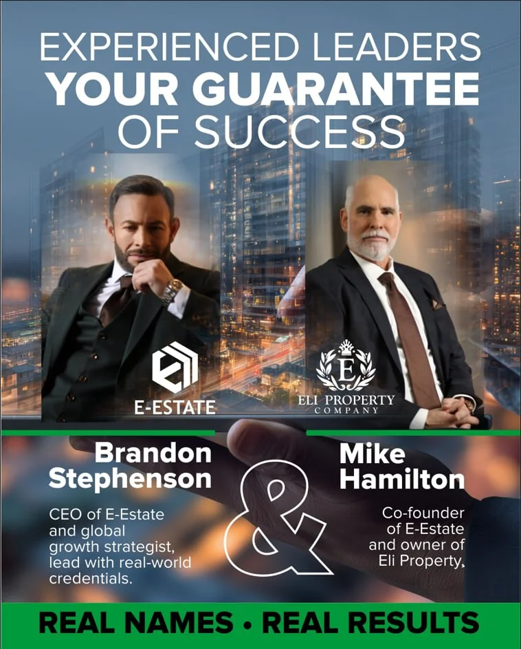 A promotional graphic features two businessmen, Brandon Stephenson and Mike Hamilton, against a back 