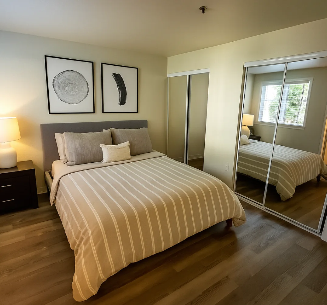A bedroom with a large bed and a mirrored closet door