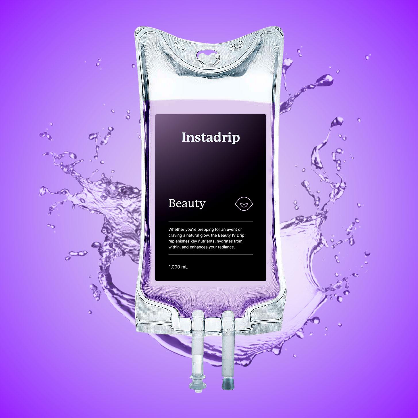 Instadrip Beauty IV therapy bag with hydration, vitamins, and antioxidants for glowing skin.