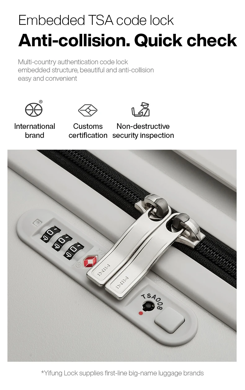 A close-up shot of a light gray suitcase with a TSA combination lock and zippers. The lock has three rotating dials with numbers and a small red square symbol indicating TSA approval. Text overlaying the image reads 'Embedded TSA code lock', 'Anti-collision. Quick check', and a descriptive paragraph about the lock's features. Below the image, there are three icons with accompanying text: 'International brand', 'Customs certification', and 'Non-destructive security inspection'. A caption at the very bottom states '*Yifung Lock supplies first-line big-name luggage brands'.
