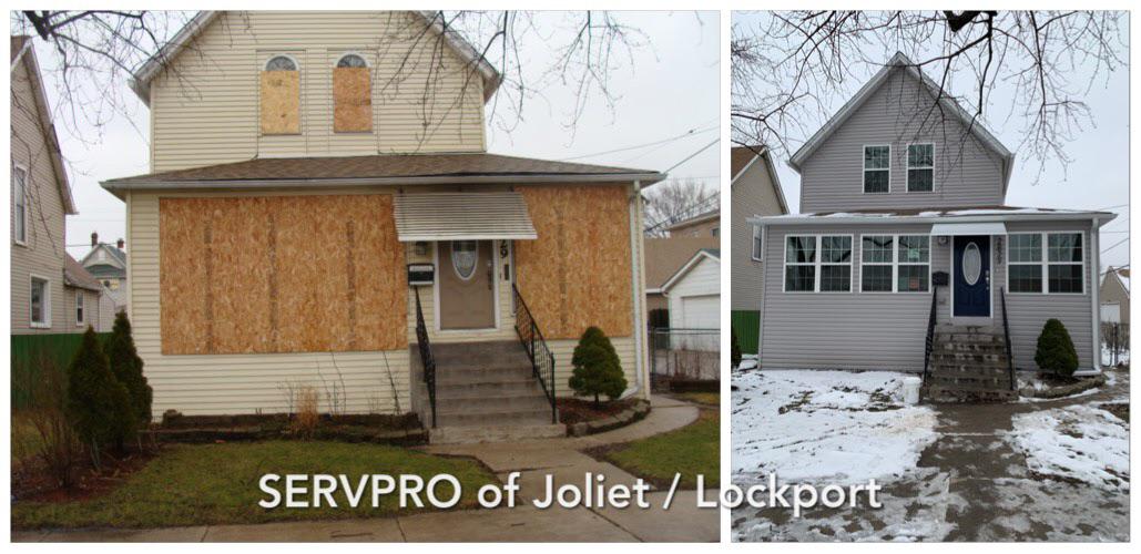 Before and after the exterior of a home suffered from storm damage.