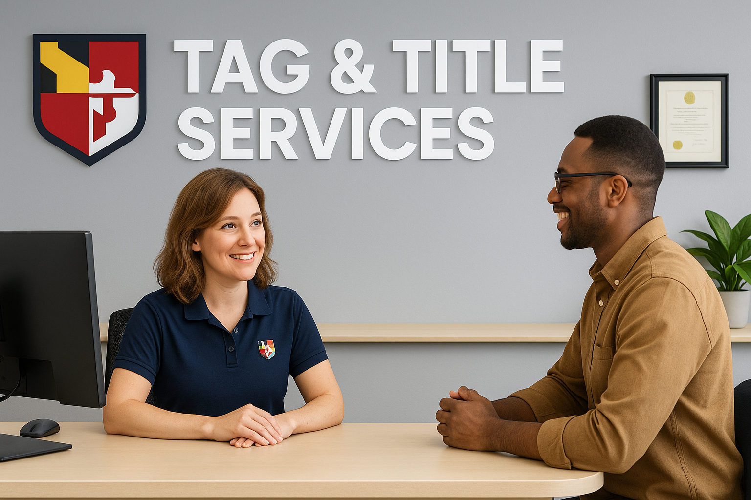 Helping a customer with vehicle paperwork during a tag and title consultation in our Ellicott City office