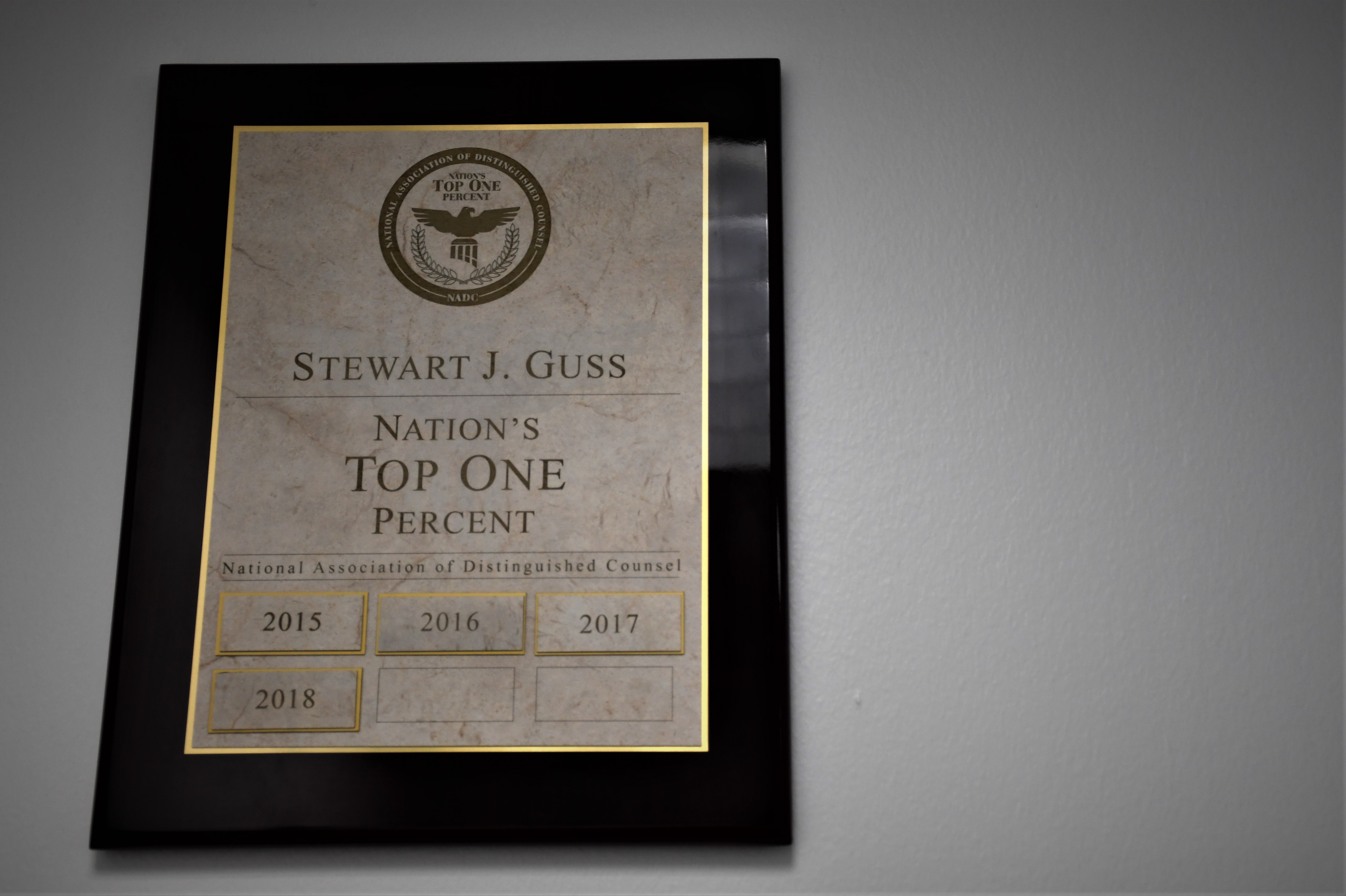 2020 Stewart J. Guss, Nation's Top One Percent award from National Association of Distinguished Counsel