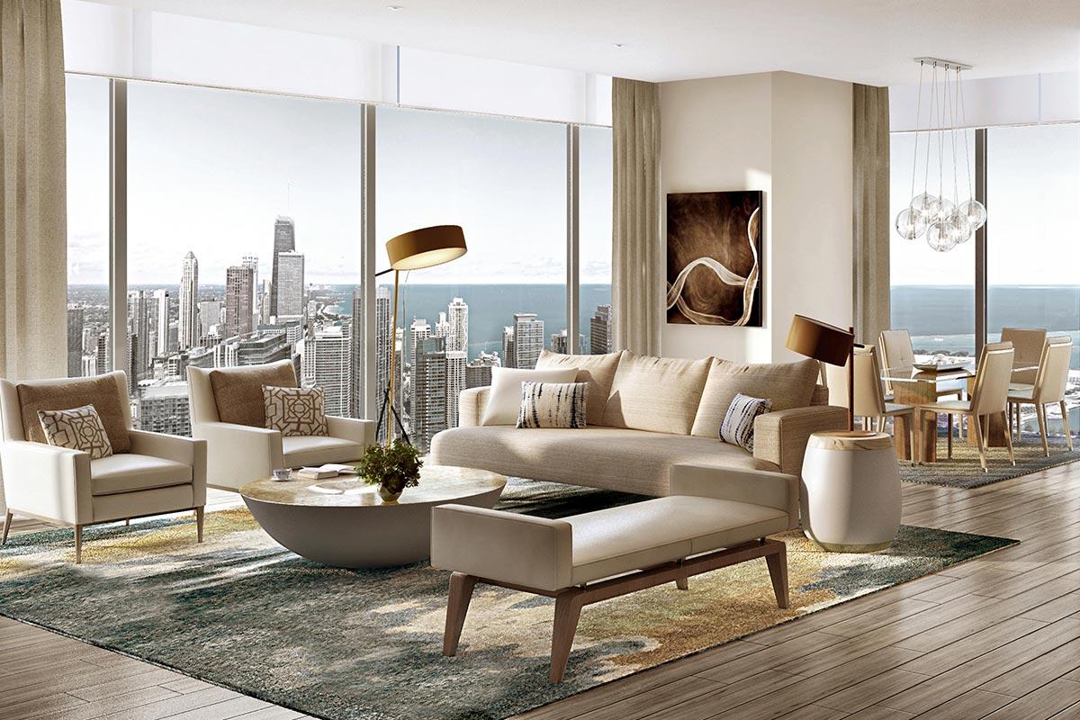 St. Regis Chicago Residence Living Area and Dining Room with Skyline Views