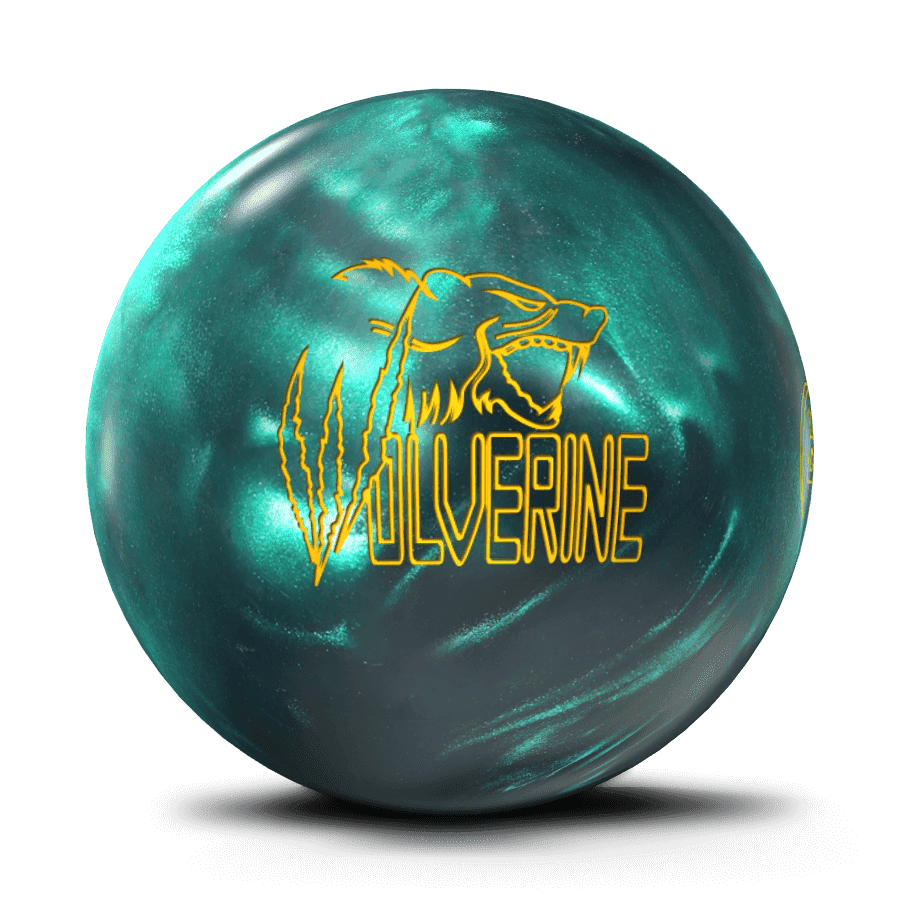A teal and gray marbled bowling ball with a yellow outline of a wolverine's head and claws with the word "WOLVERINE" in yellow lettering across the ball. The ball is shown against a black background with a subtle shadow cast beneath it.