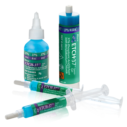 Etch-37 w/BAC is a 37% phosphoric acid semi-gel etchant that is effective at quickly etching enamel and dentin. Etch-37 w/BAC is polymer-thickened and effectively removes the smear layer, etches and demineralizes enamel and dentin. It is easily manipulated into small areas such as endodontically treated root canals and undercuts. This makes it more versatile than some thicker gel etchants for etching all restorative surfaces. Published research proves that BISCO etchants produce higher bond strengths to (wet or dry) dentin1 and enamel.