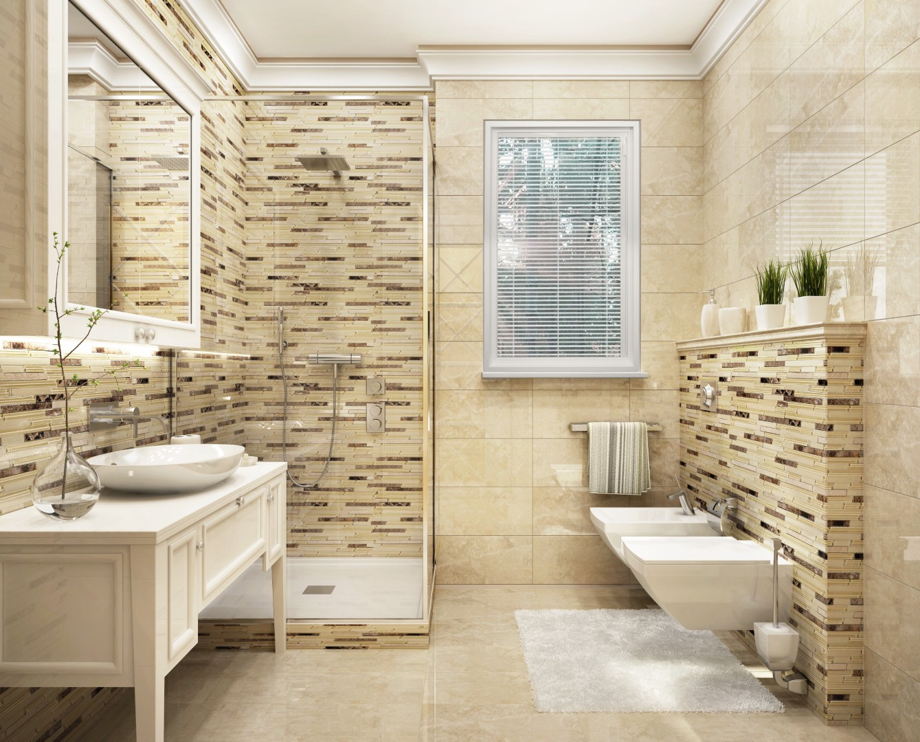 The EcoTek 1200 - 2200 Series Casement Window with Blinds adds privacy and style to this master bathroom. Its clean design complements the neutral tiles and modern fixtures, creating a bright and elegant space while providing functionality and sophistication.