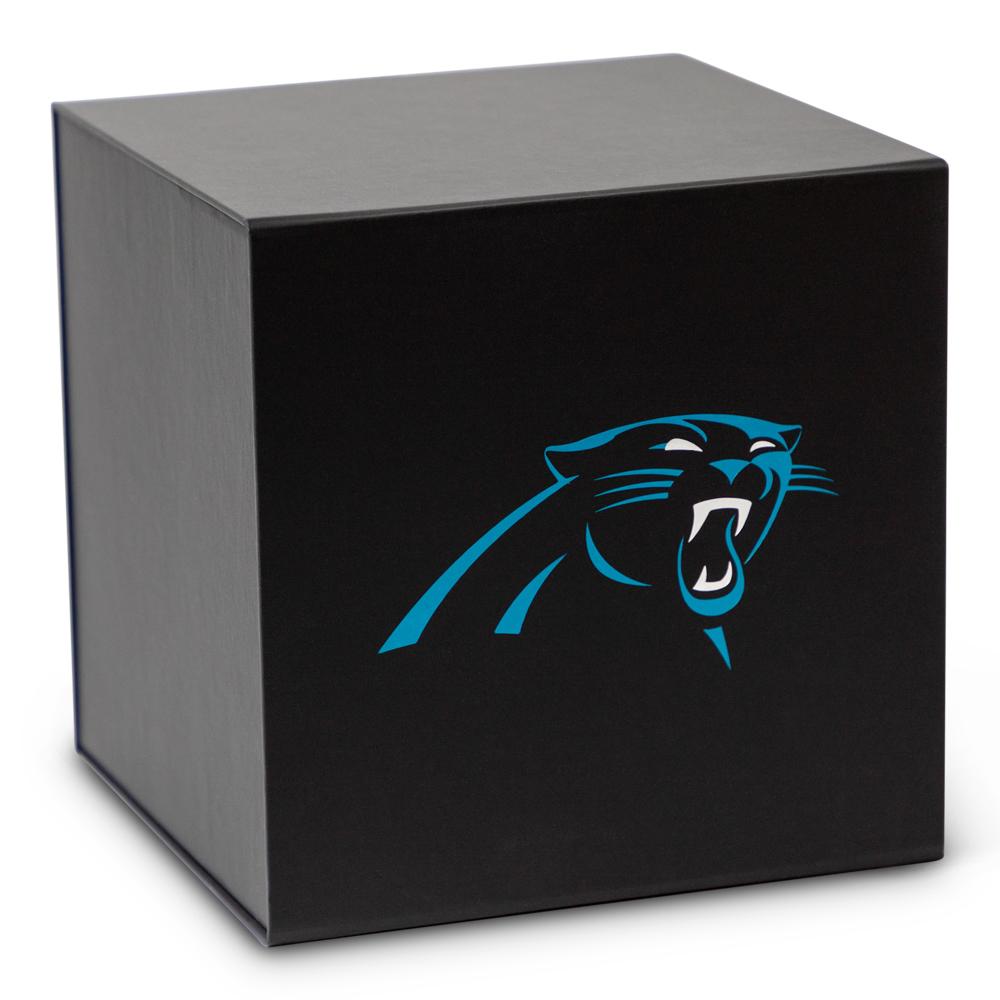 Black rigid gift box with the Carolina Panthers logo. Custom packaging by PLC Print.