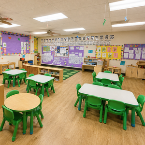 Bright and colorful preschool classroom at Childcare Network with age-appropriate learning materials
