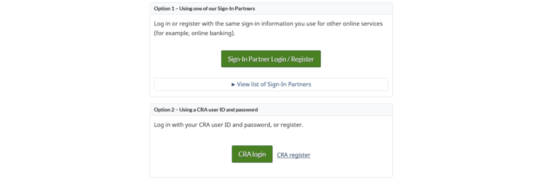 Screenshot of the CRA account login page.