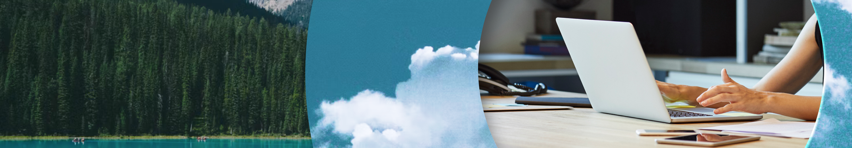 Collage featuring an image dense trees along a lake, a cloud in an otherwise clear sky, and a woman working on her laptop.