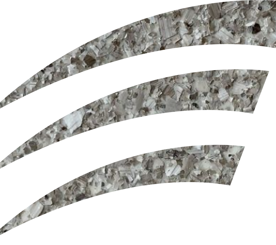 The image displays three curved bands of a textured, light-colored material against a background of gray and black shapes. The texture appears to be composed of small, irregular fragments or chips, possibly of stone, wood, or recycled material. The bands are arranged in a sweeping, layered manner, with a black curved band at the top, followed by two gray rectangular shapes separating the textured bands.