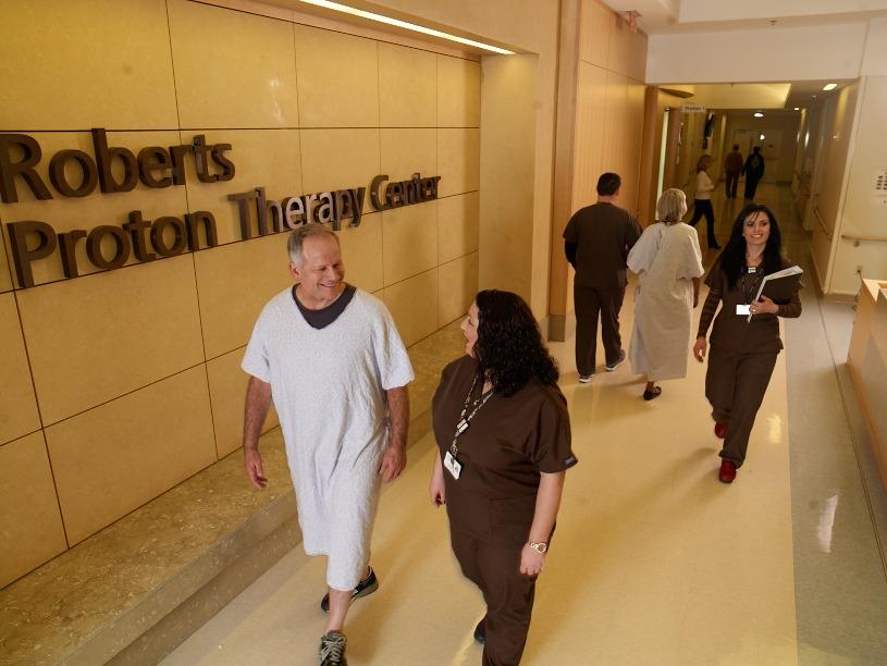 A patient and nurse at the Roberts Proton Therapy Center. Roberts Proton Therapy Center Philadelphia (215)316-5151